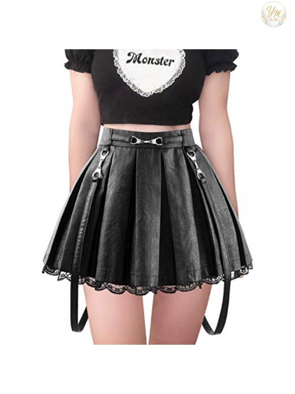 Littleforbig Faux Leather Pleated A-Line Flared Mini Skirt with Lace Trim